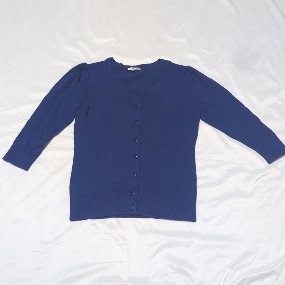 Halogen Dark Blue Button Front 3/4 Length Sleeve Cardigan With Faceted Buttons